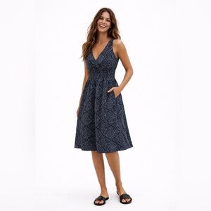 Women’s Organic Viscose Smocked Waist & Back Black Patterned Dress with Pockets